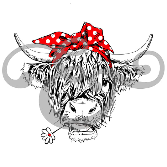 Highland Hairy Cow With Red Bow Screen Print Transfer (6654913445966)