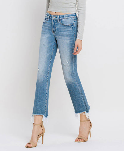 Mid Rise Frayed Hem Ankle Bootcut Jeans