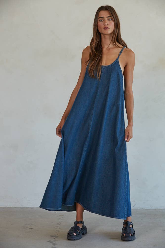 Woven Denim Scoop Neck Flare Maxi Dress