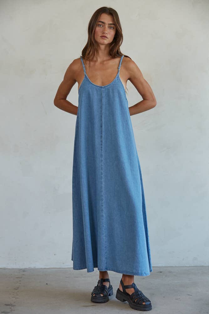 Woven Denim Scoop Neck Flare Maxi Dress