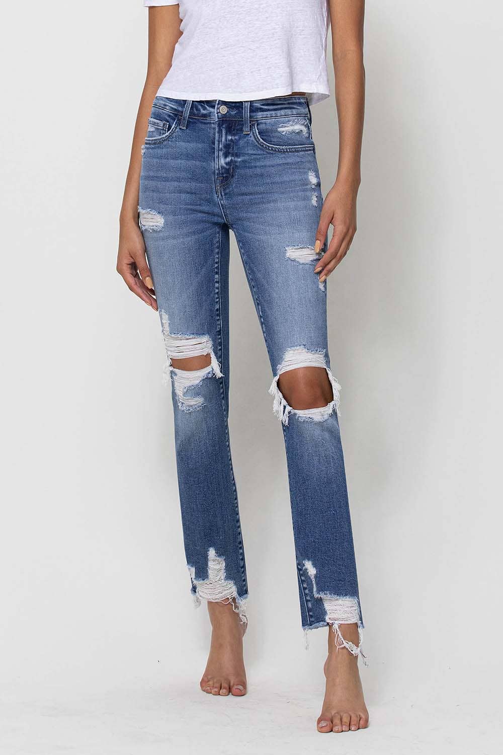 Mid Rise Distressed Ankle Slim Straight Jeans