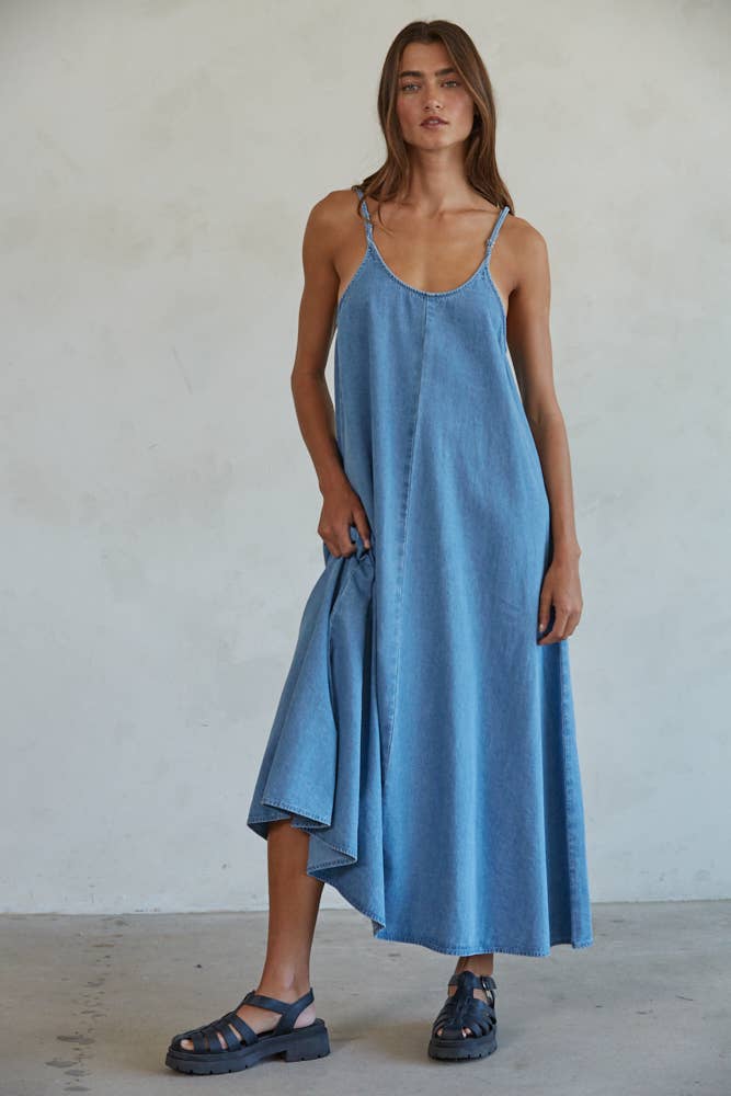 Woven Denim Scoop Neck Flare Maxi Dress