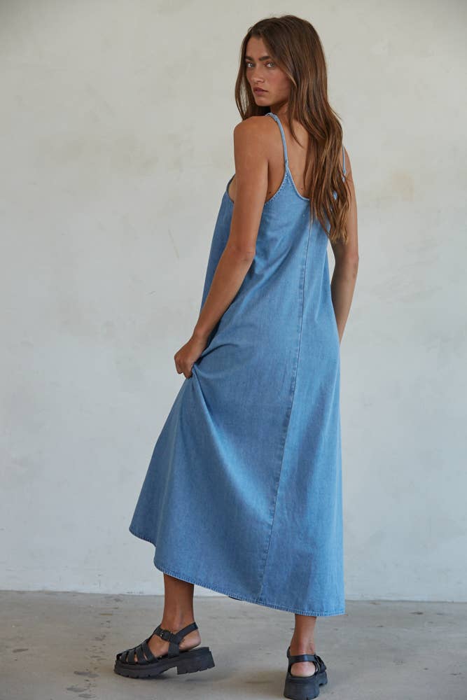 Woven Denim Scoop Neck Flare Maxi Dress