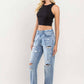 High Rise Cuffed Distressed Rigid Boyfriend Jeans