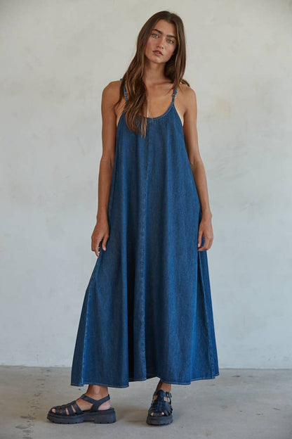 Woven Denim Scoop Neck Flare Maxi Dress