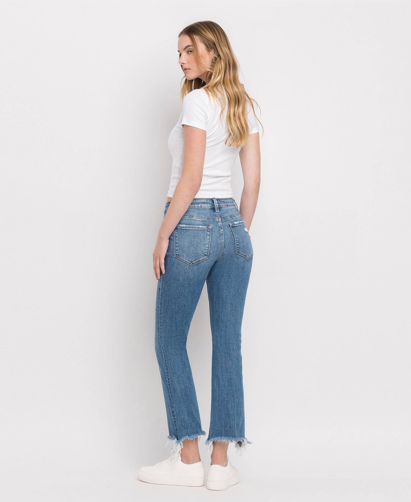 Mid Rise Distressed Hem Ankle Bootcut Jeans