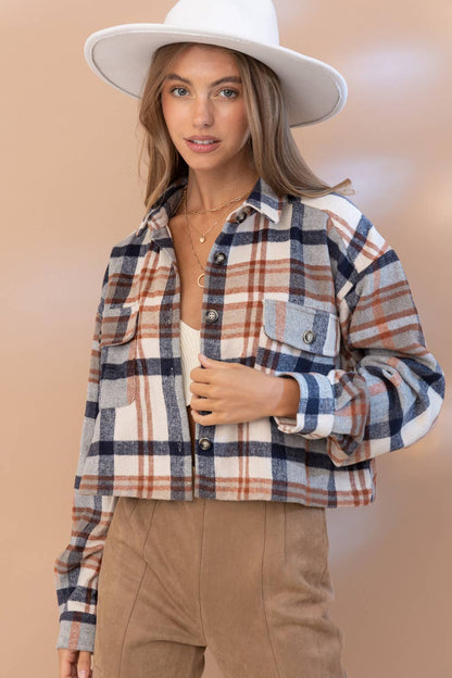 Yarn Dyed Plaid Button Up Crop Shirt Jacket