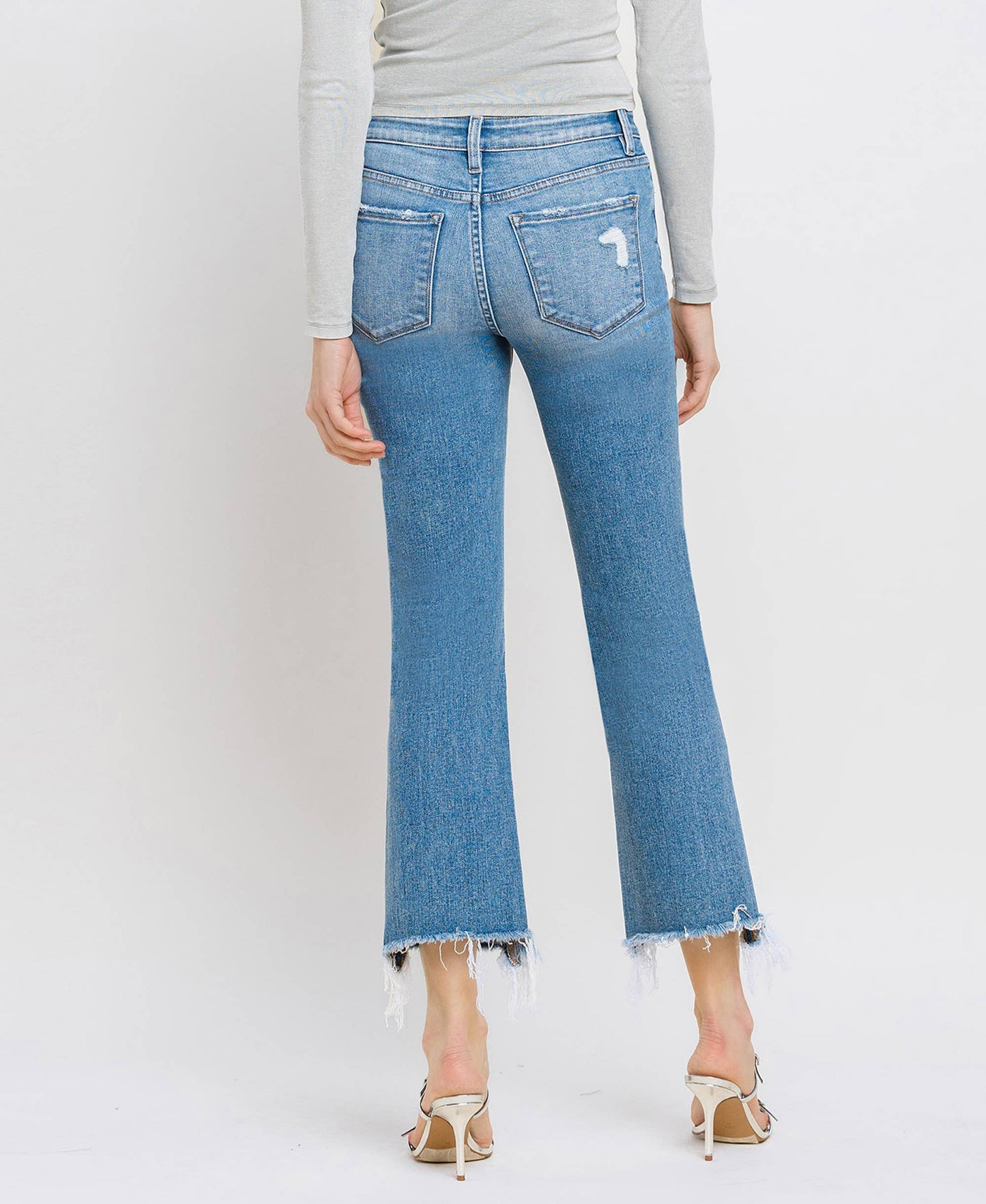 Mid Rise Frayed Hem Ankle Bootcut Jeans