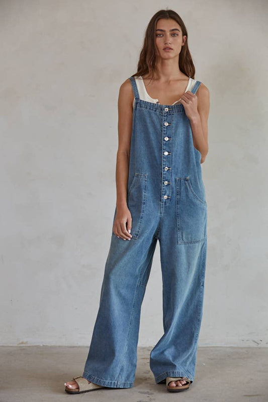 Denim Square Neck Button-Down Wide Leg Overalls