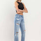 High Rise Cuffed Distressed Rigid Boyfriend Jeans