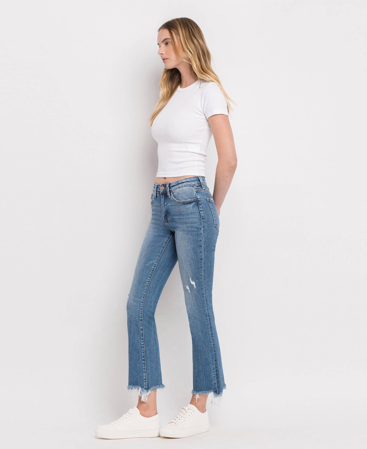 Mid Rise Distressed Hem Ankle Bootcut Jeans