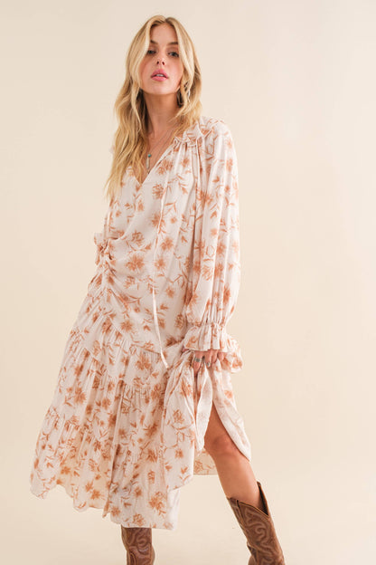 Dobby Floral Print Neck Keyhole Maxi Dress