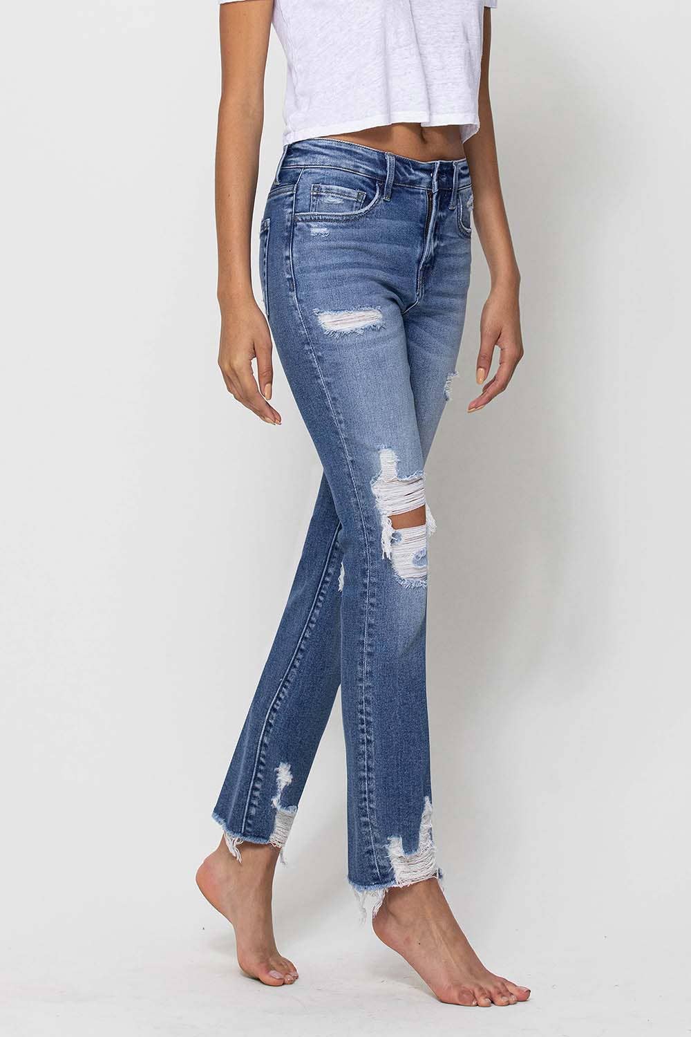 Mid Rise Distressed Ankle Slim Straight Jeans