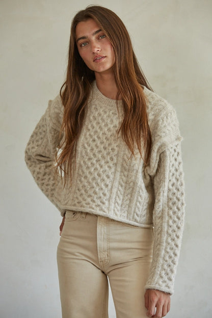 Cable Knit Crew Neck Long Sleeve Pullover Sweater