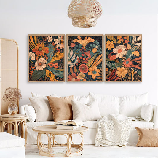 Midcentury Modern Bohemian Floral Canvas Art | Set #1