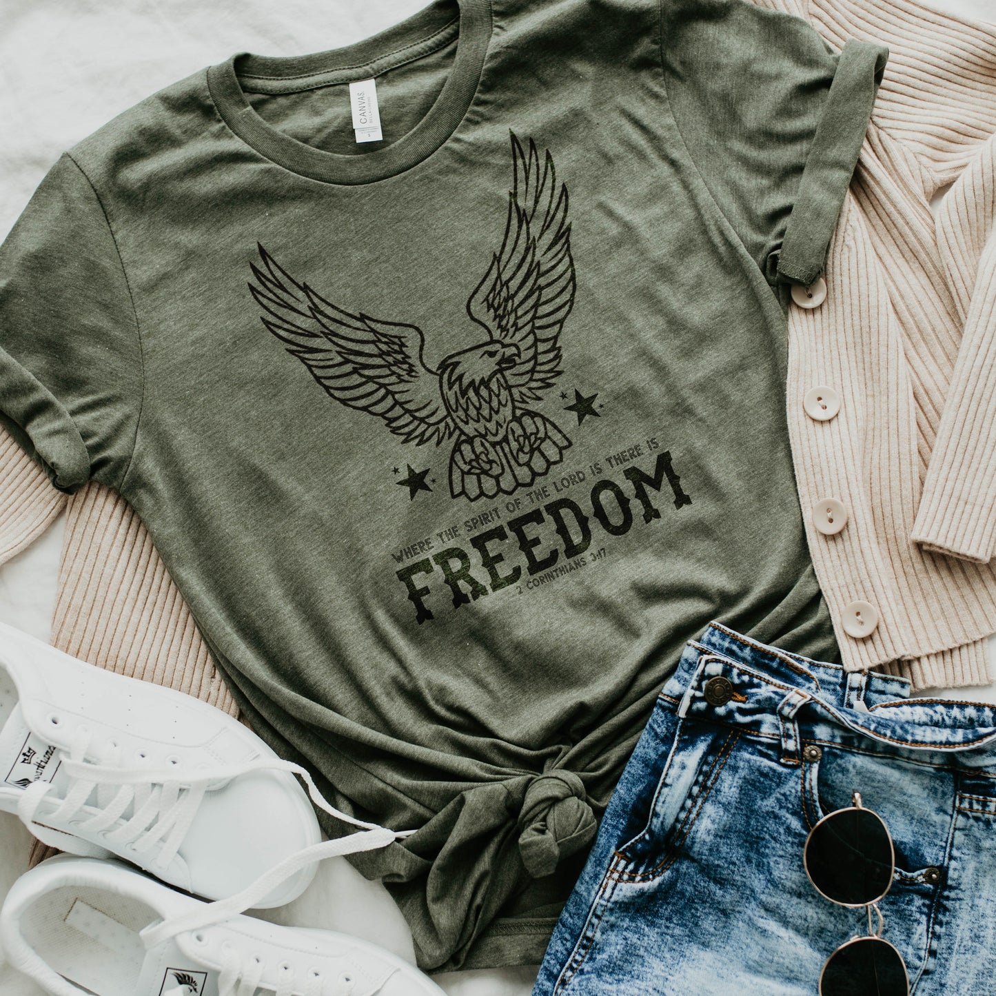 WHERE THE SPIRIT OF THE LORD IS THERE IS FREEDOM-GRAPHIC TEE-HEATHER MILITARY GREEN