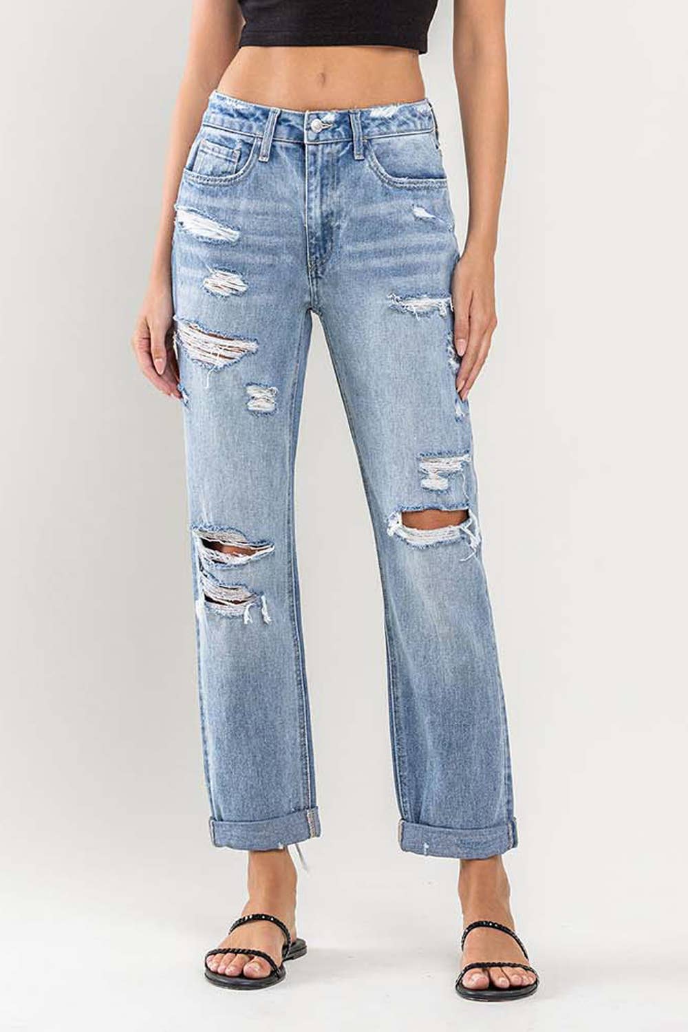 High Rise Cuffed Distressed Rigid Boyfriend Jeans