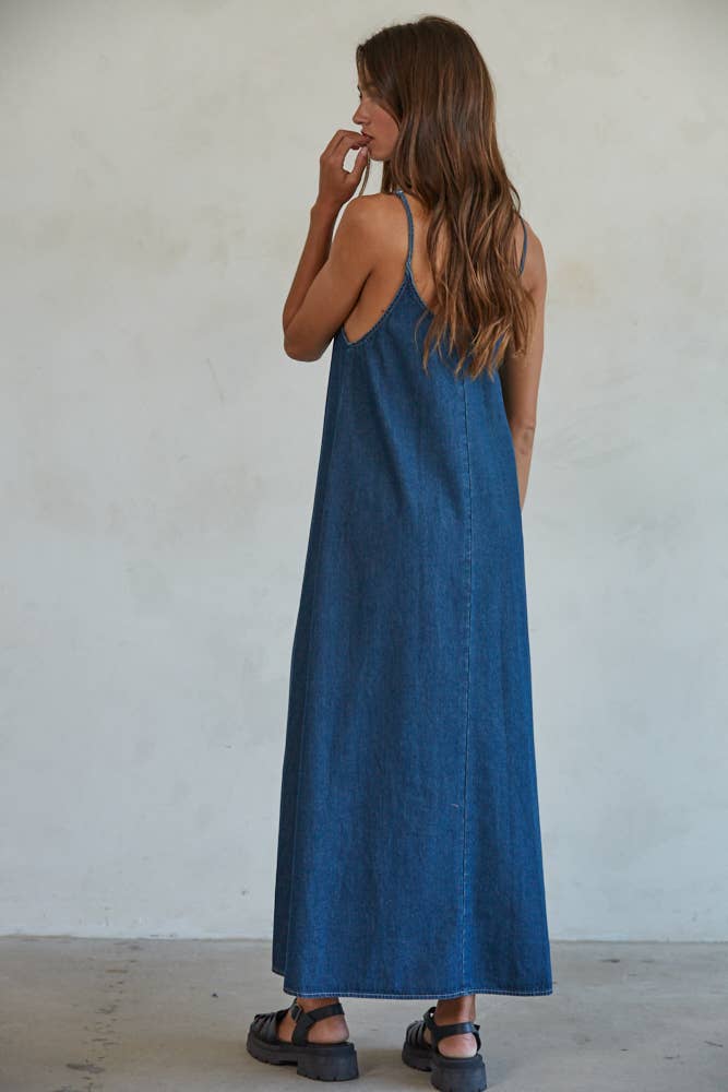 Woven Denim Scoop Neck Flare Maxi Dress