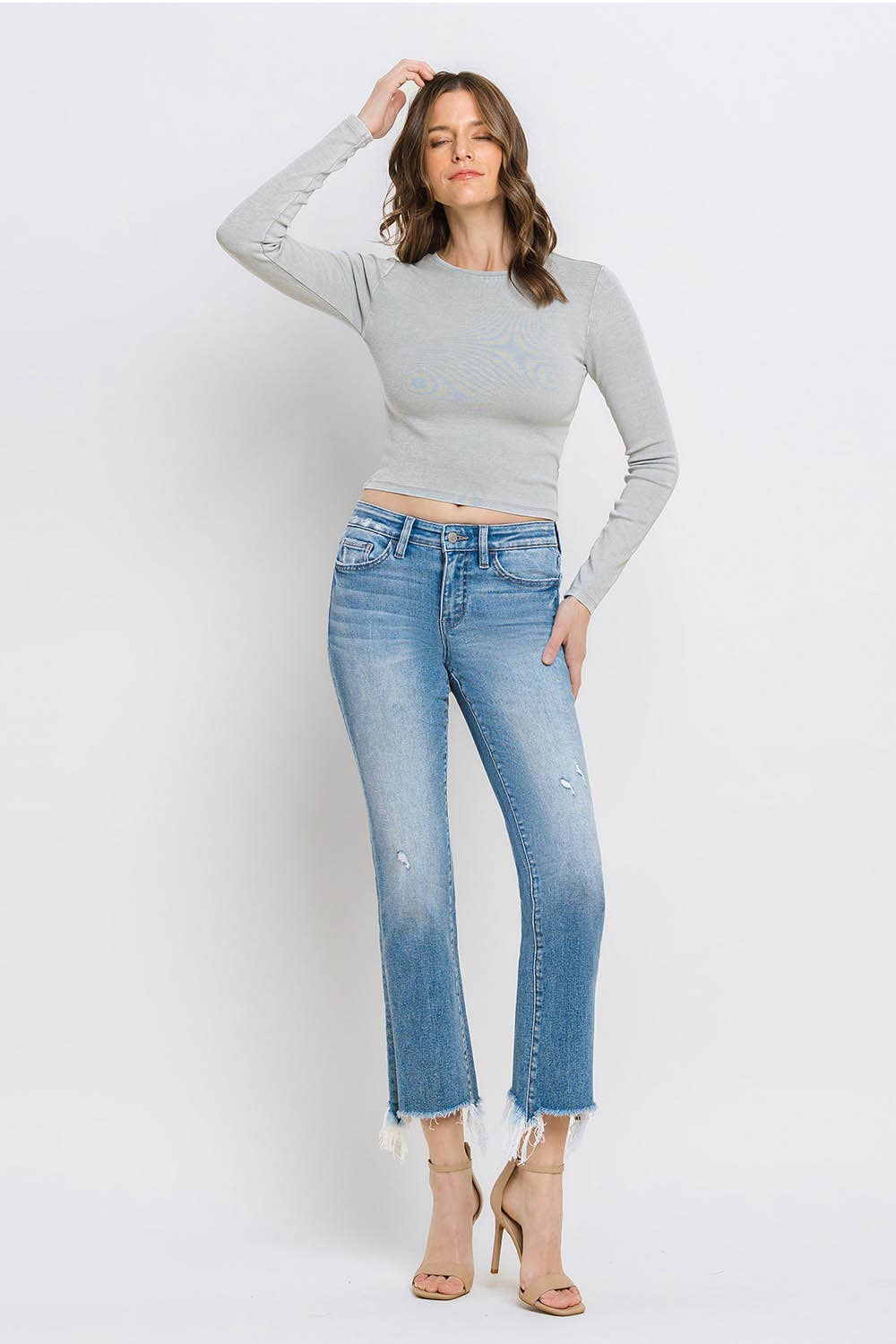 Mid Rise Frayed Hem Ankle Bootcut Jeans