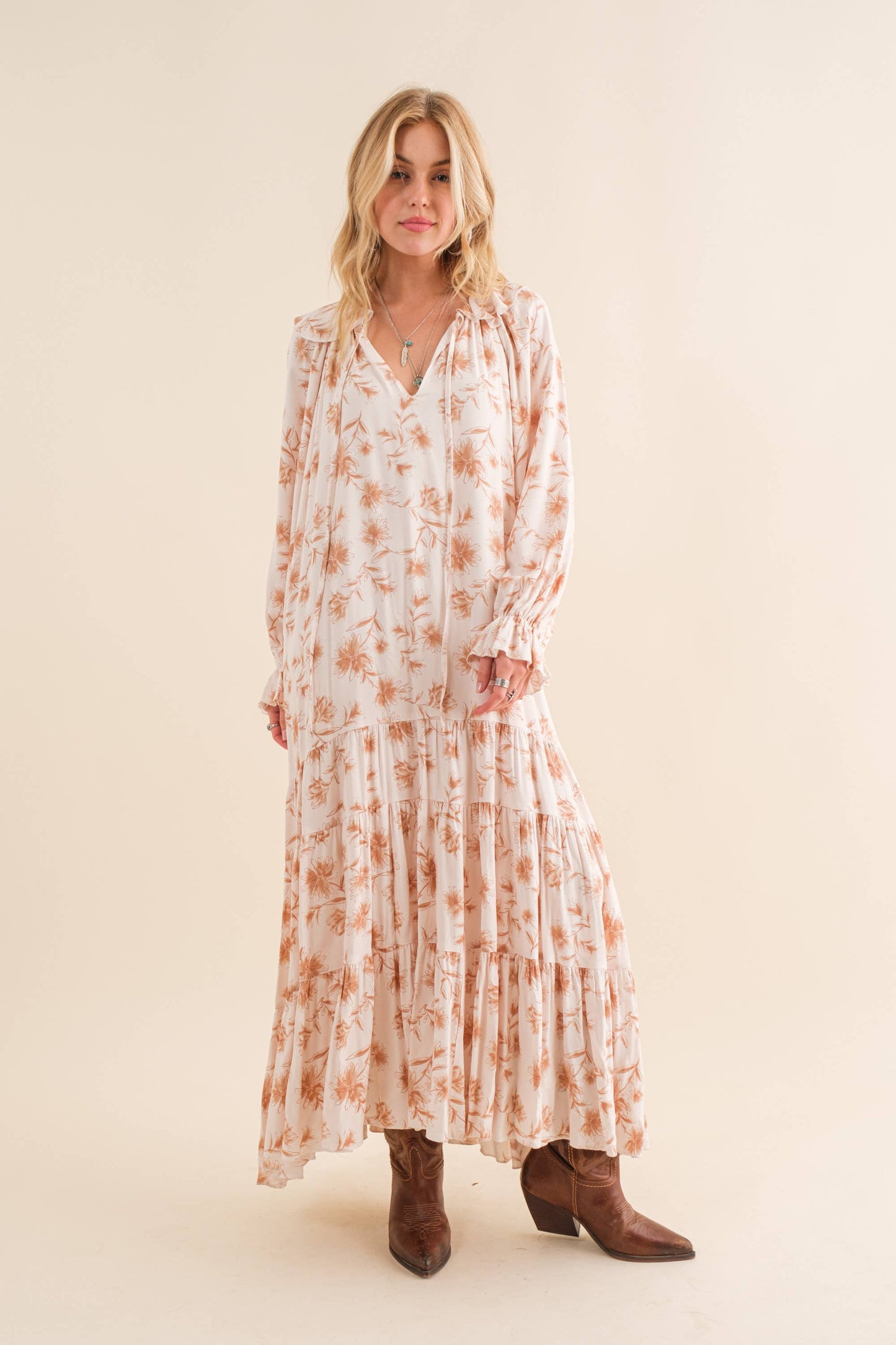 Dobby Floral Print Neck Keyhole Maxi Dress