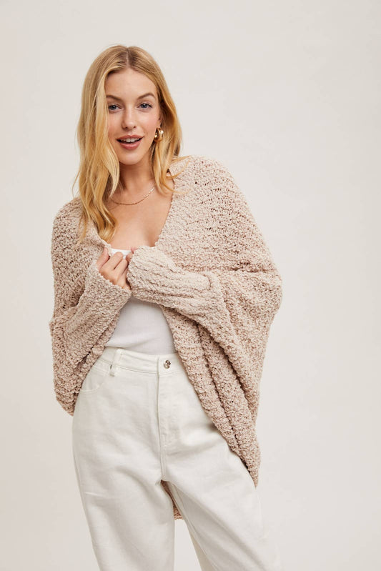 Chunky Popcorn Knit Sweater Open Front Dolman Cardigan | Almond