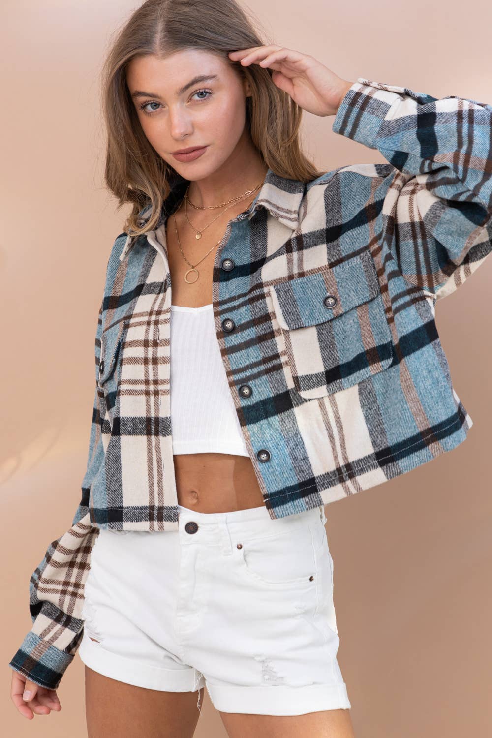 Yarn Dyed Plaid Button Up Crop Shirt Jacket