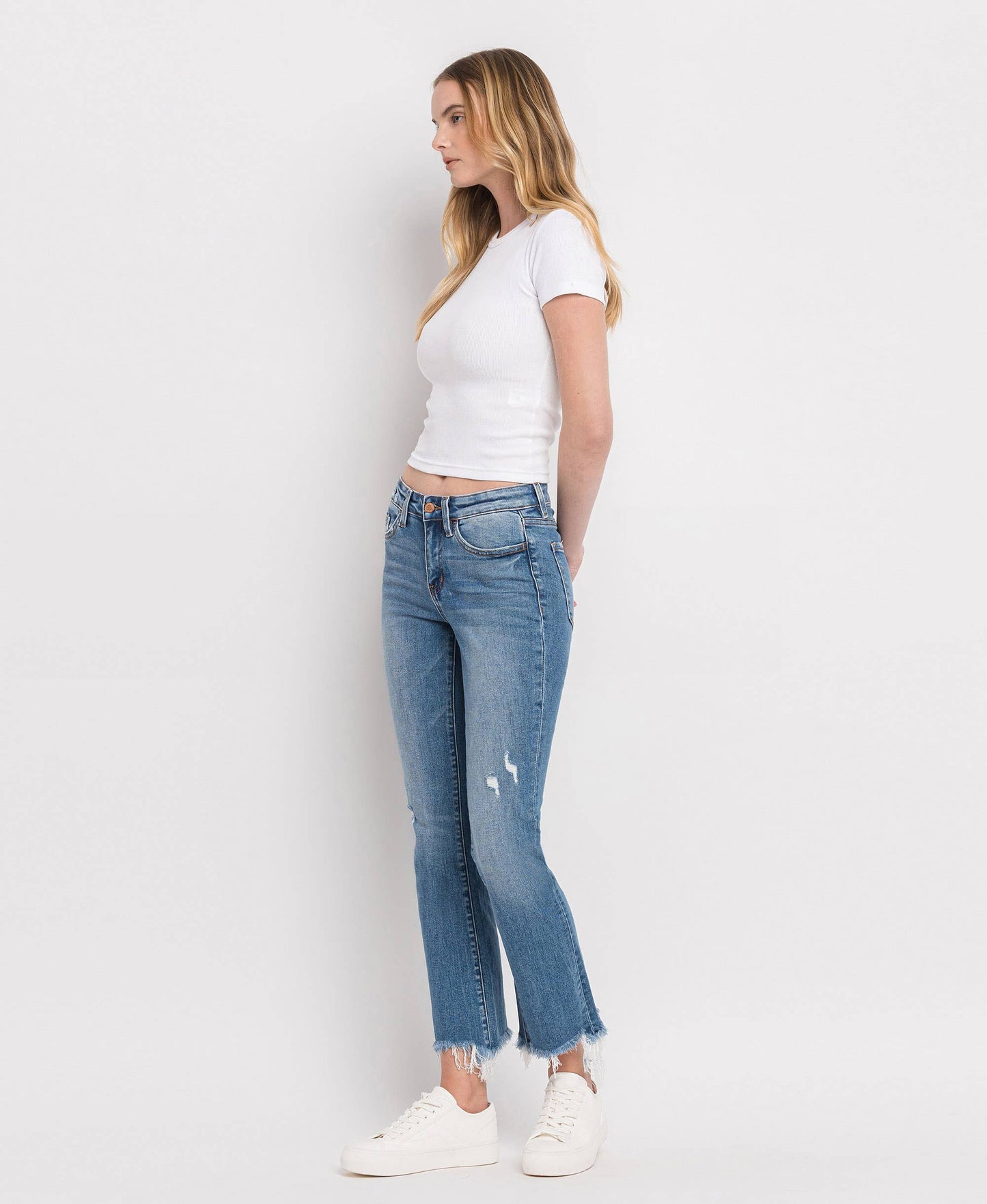 Mid Rise Distressed Hem Ankle Bootcut Jeans