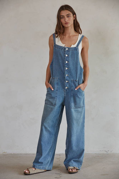 Denim Square Neck Button-Down Wide Leg Overalls