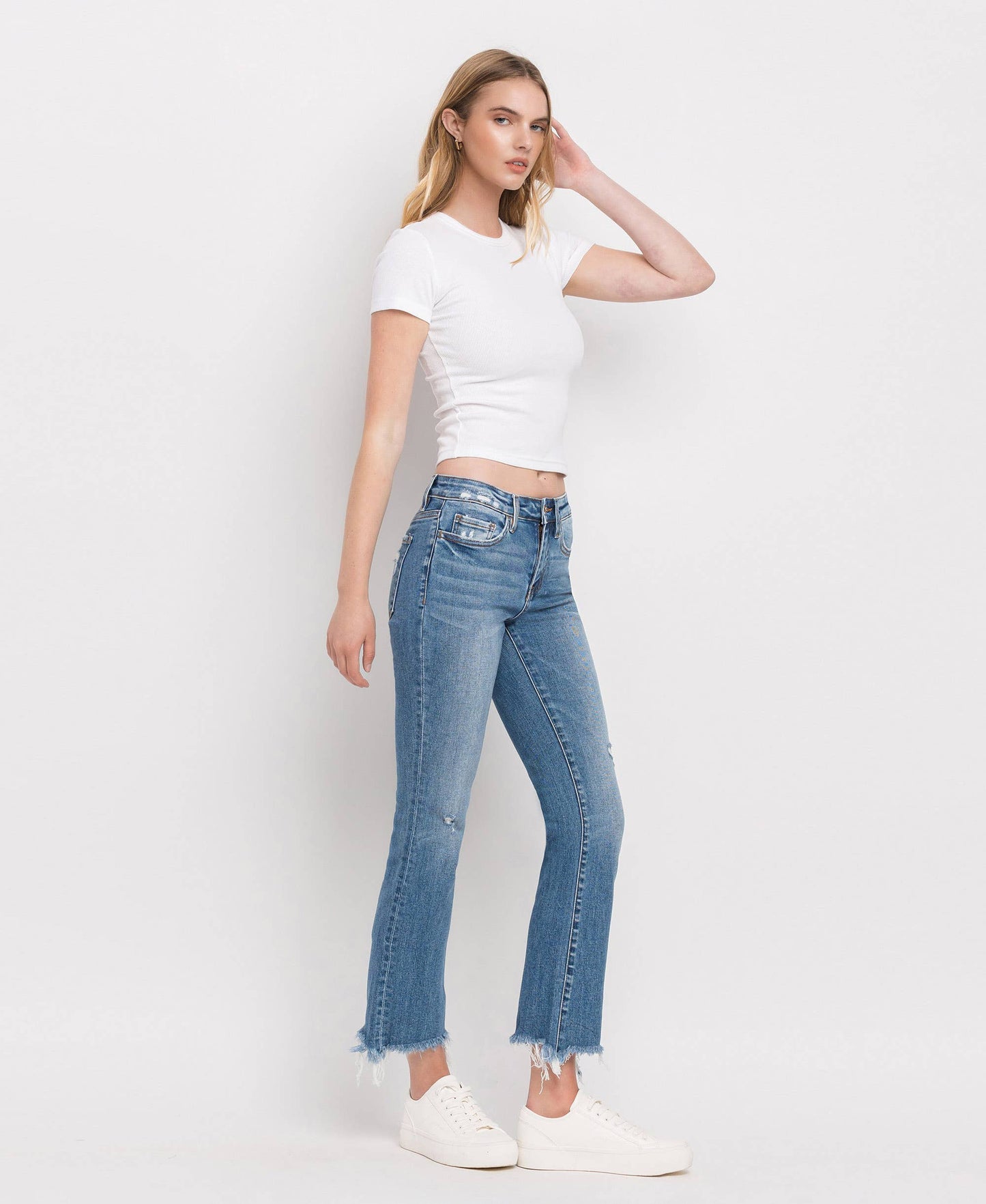 Mid Rise Distressed Hem Ankle Bootcut Jeans