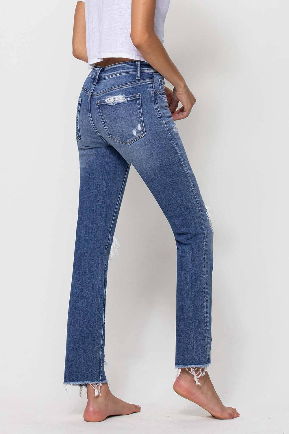 Mid Rise Distressed Ankle Slim Straight Jeans