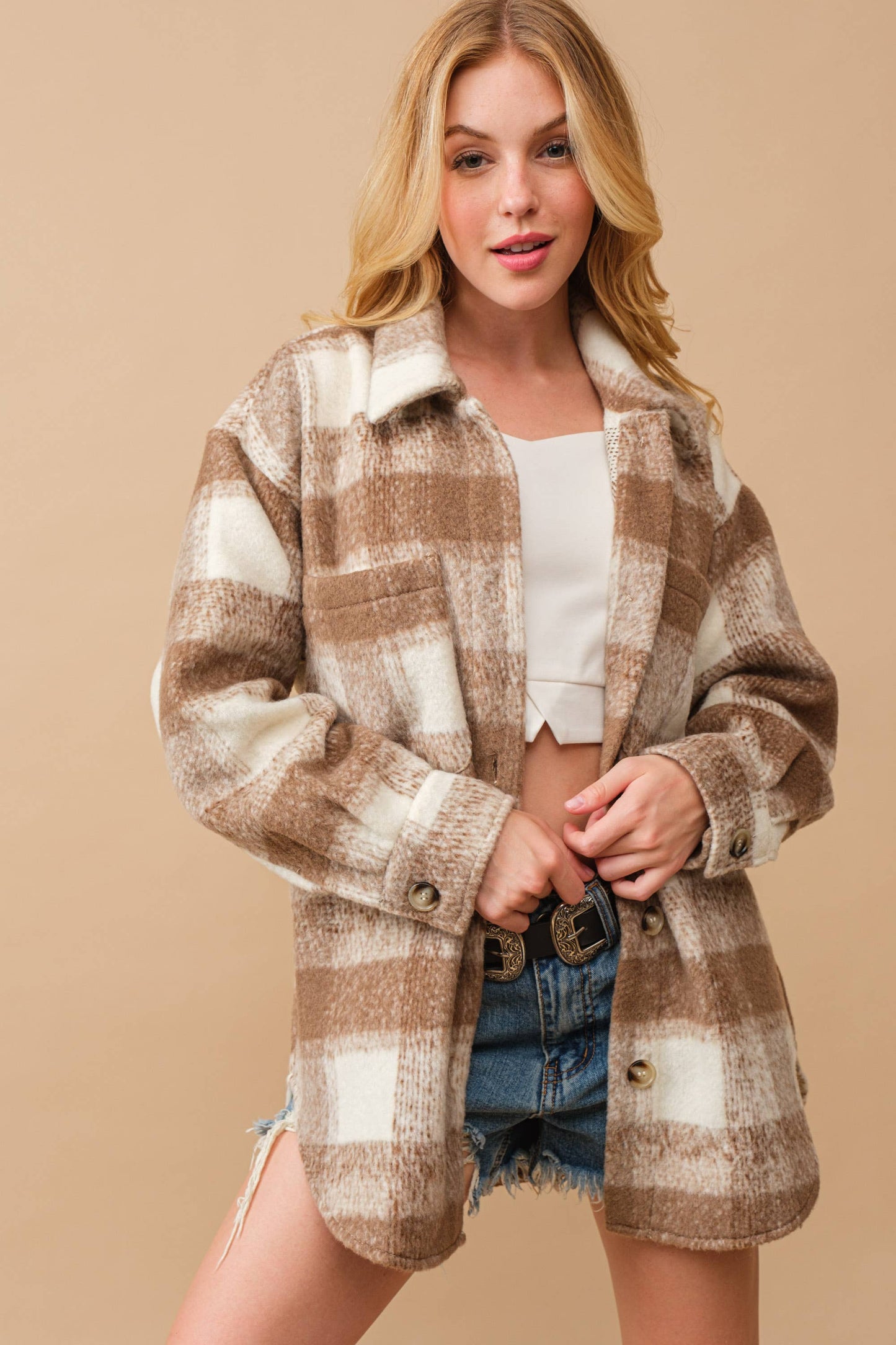 Brushed Yarn Dyed Plaid Loose Button Up Jacket