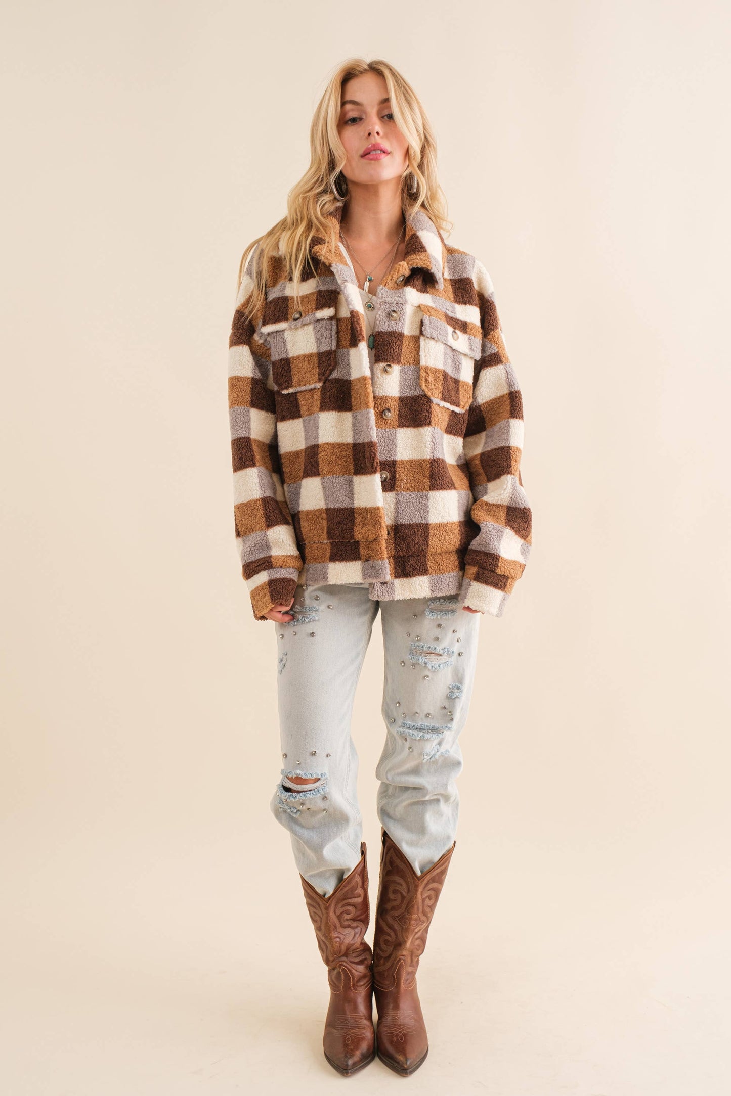 Checkered Teddy Chest Pocket Oversized Jacket