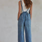 Denim Square Neck Button-Down Wide Leg Overalls