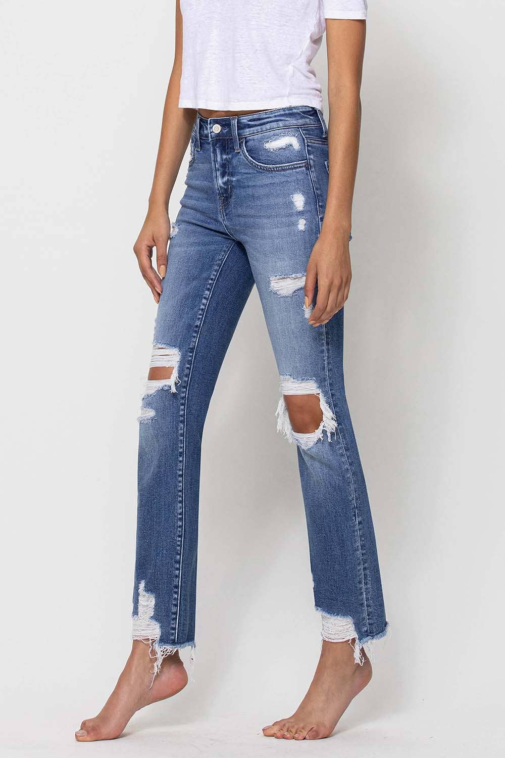 Mid Rise Distressed Ankle Slim Straight Jeans