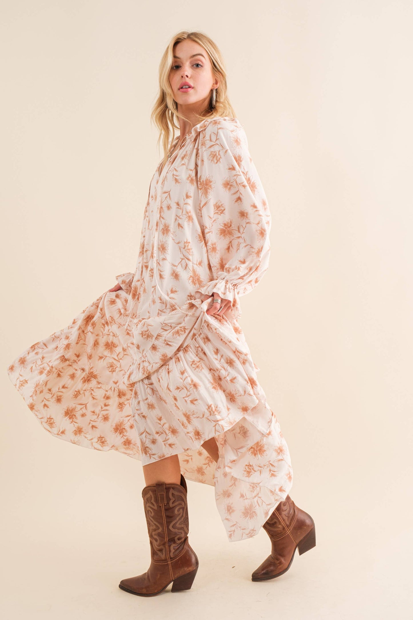 Dobby Floral Print Neck Keyhole Maxi Dress