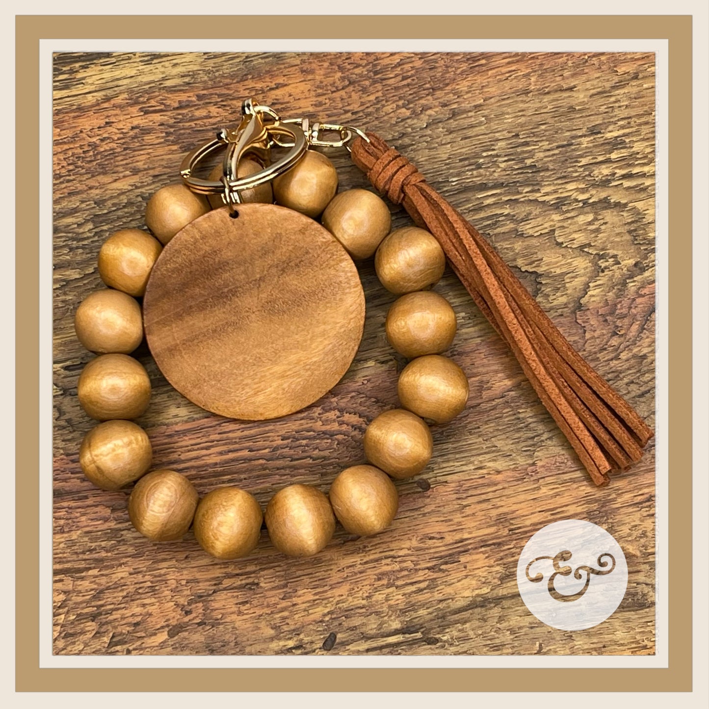 Wooden Bead Wristlet With Suede Tassel-Custom Engraved Design (6688750862414)