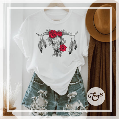 Longhorn Cow Skull With Roses and Feathers Sublimation Transfer (4864655589454)