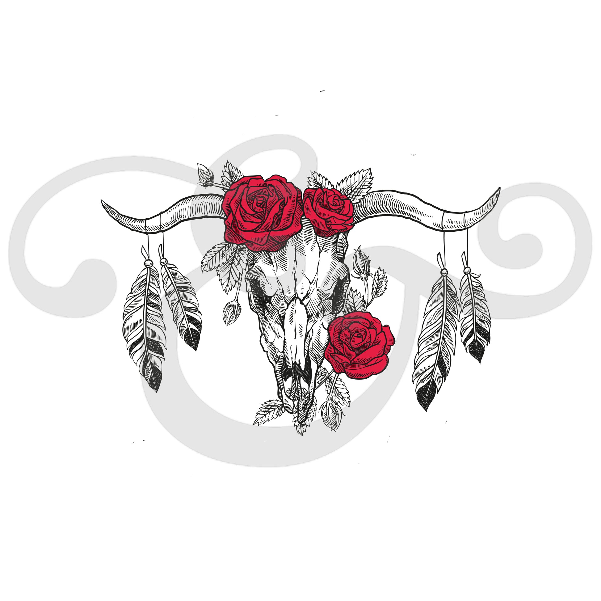 Longhorn Cow Skull With Roses and Feathers Sublimation Transfer (4864655589454)