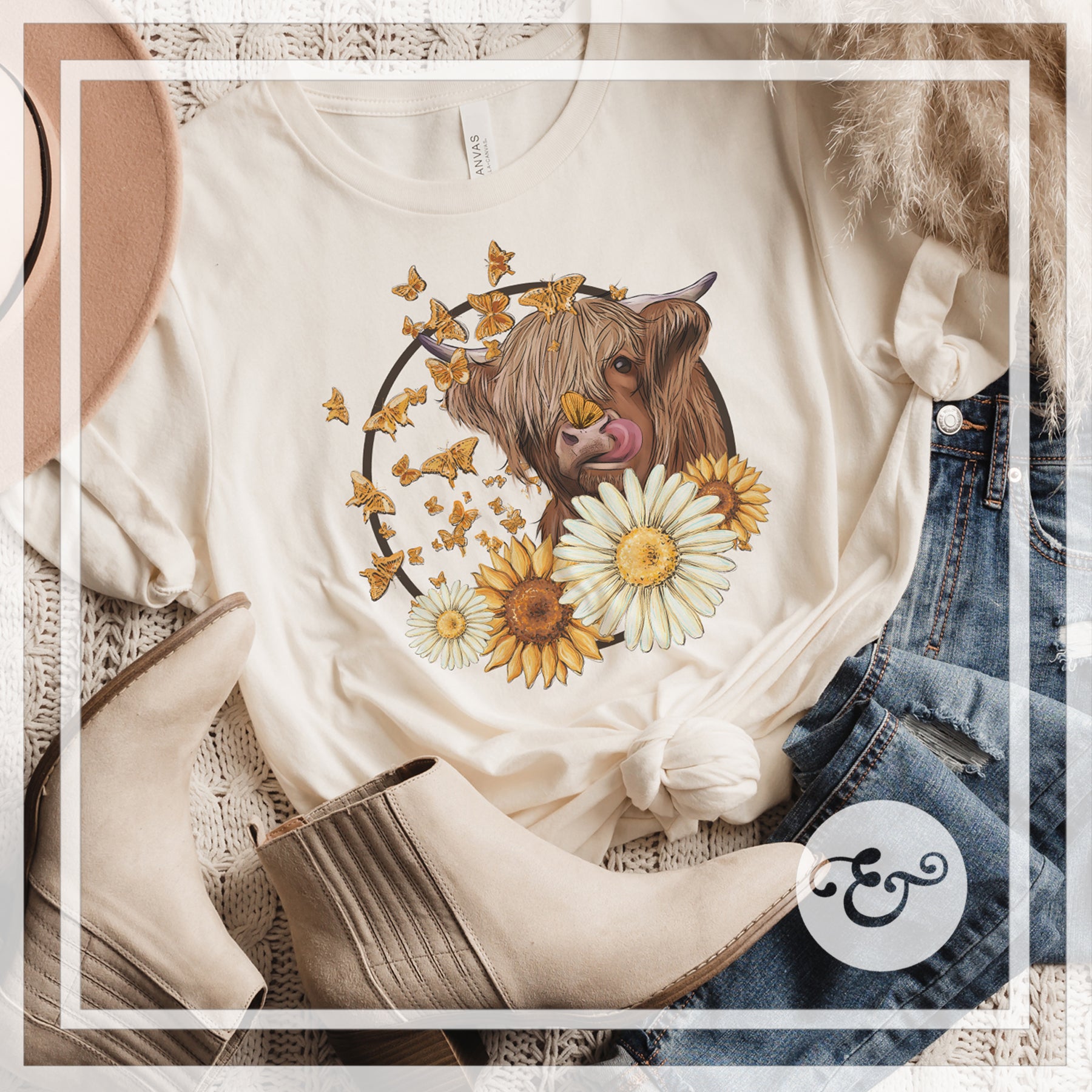 Highland Cow With Daisies and Sunflowers Screen Print Transfer (High H ...