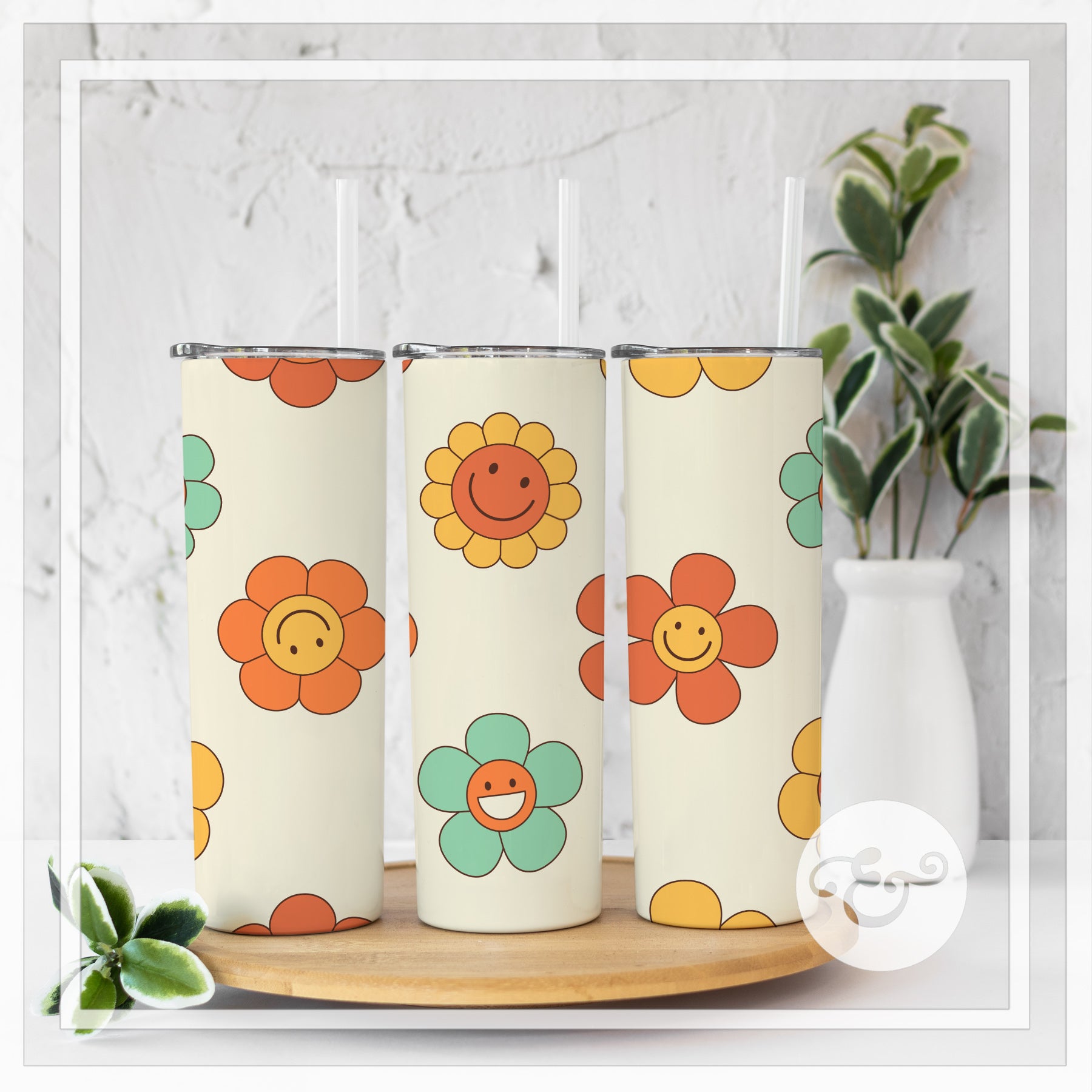 Retro Smiley Face Daisies 20oz Skinny Straight Tumbler Vinyl Wrap